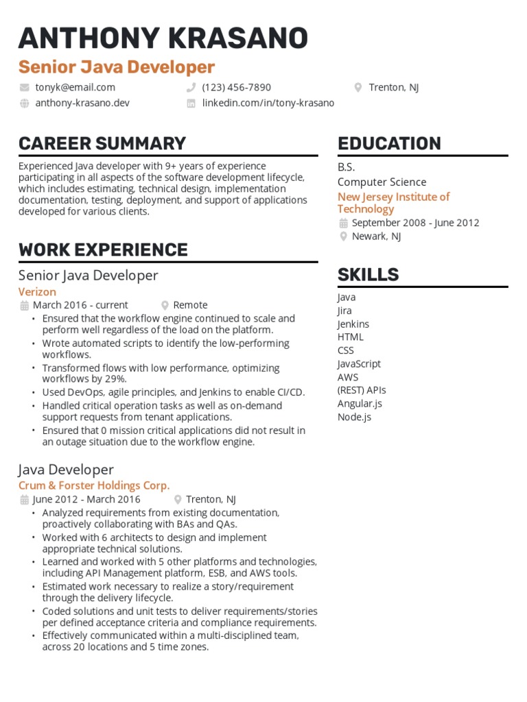 Senior Java Developer Resume Example | PDF | Software Engineering ...