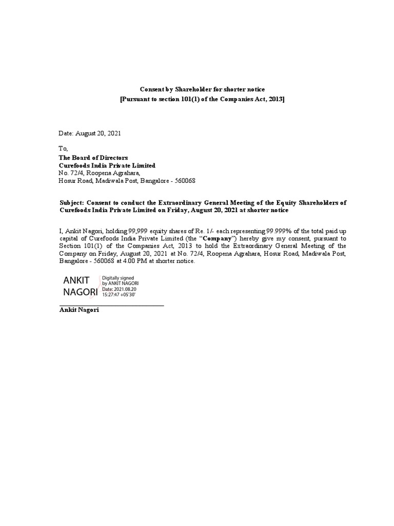 Shareholder Consent for Short Notice EGM | PDF