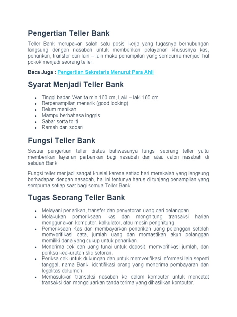 Pengertian Teller Bank Pdf