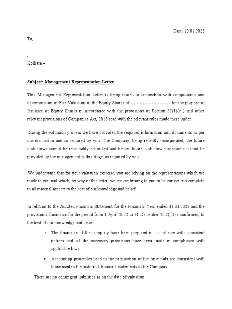 Management Representation Letter for Valuation | PDF | Valuation ...