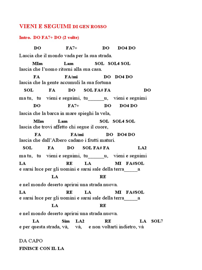 VIENI E SEGUIMI TESTO E ACCORDI PDF