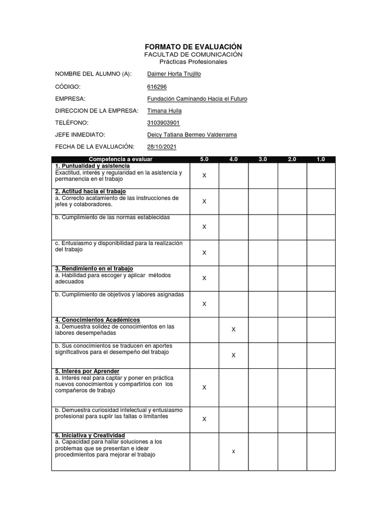 Evaluacion Parcticas Profesionales Por Parte Del Jefe Inmediato. | PDF ...