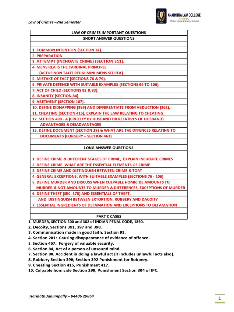 Law Of Crimes Study Material Pdf Mens Rea Kidnapping
