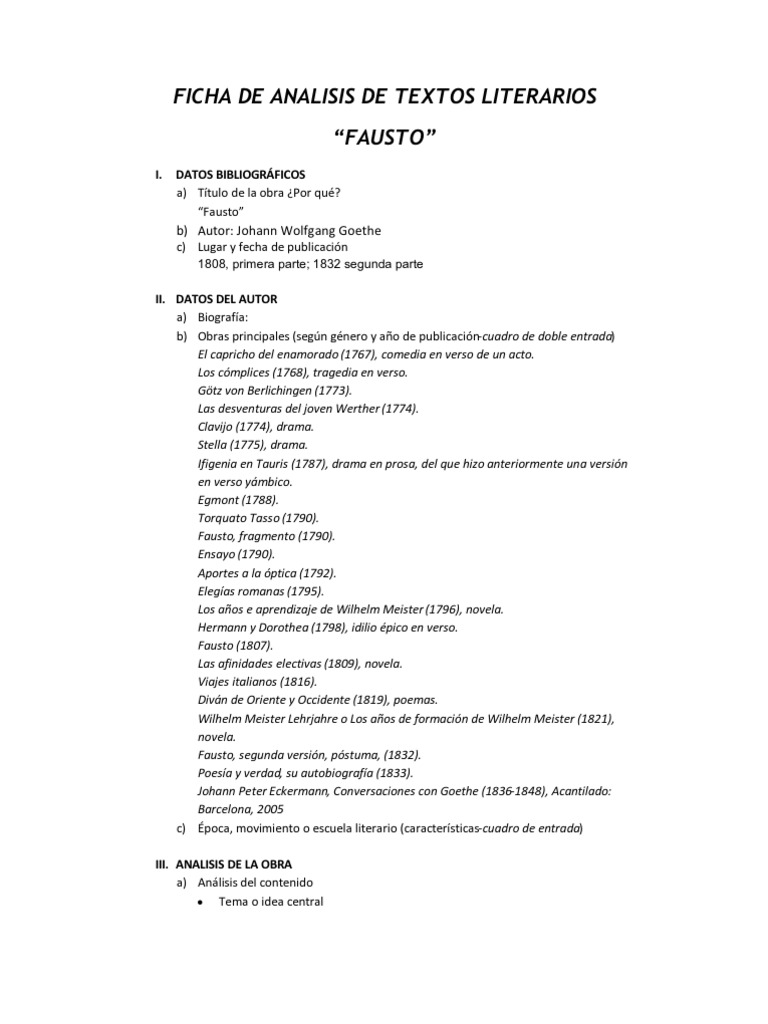 Ficha de Analisis Literario de La Obra Faustojohann Wolfgang Goethe