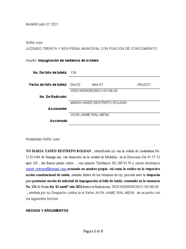Contestacion Tutela | PDF | Sentencia (ley)
