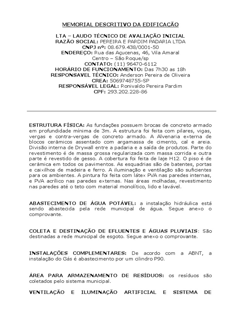Memorial Descritivo da Edificação | PDF | Argamassa (alvenaria ...