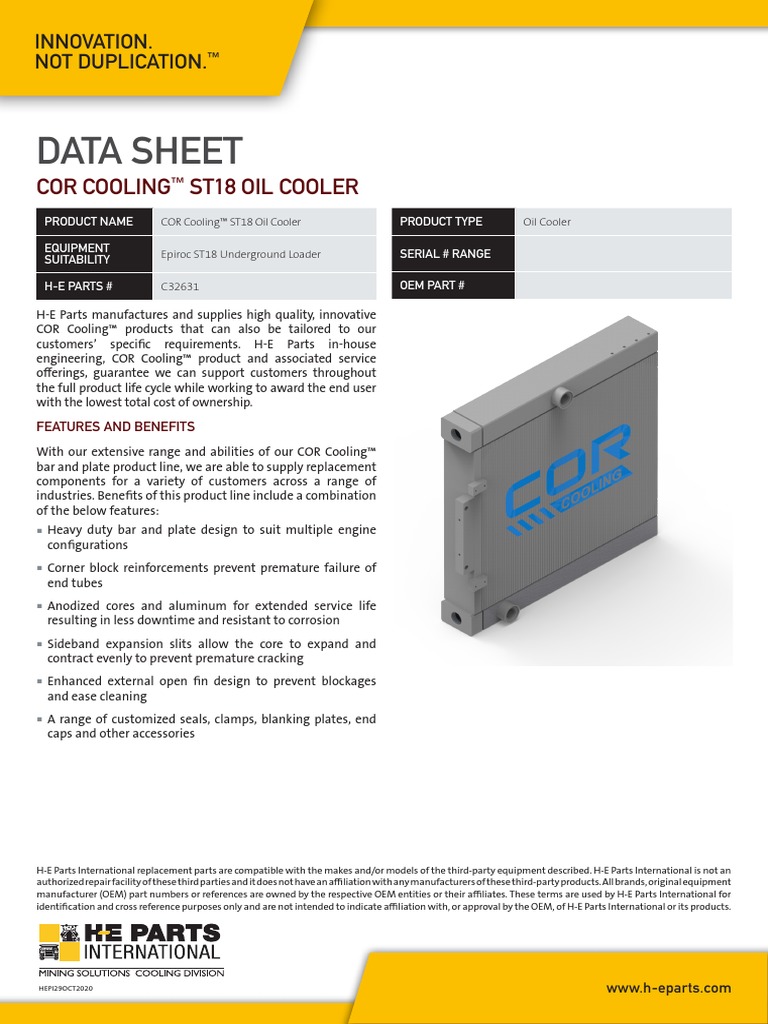H E Parts Data Sheet ST18 Oil Cooler Underground Loader | PDF