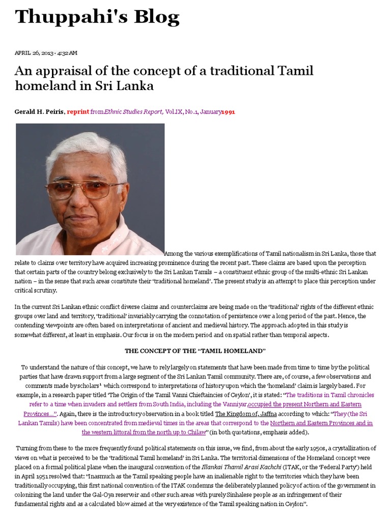Thuppahis an appraisal of the concept of a traditional tamil homeland n