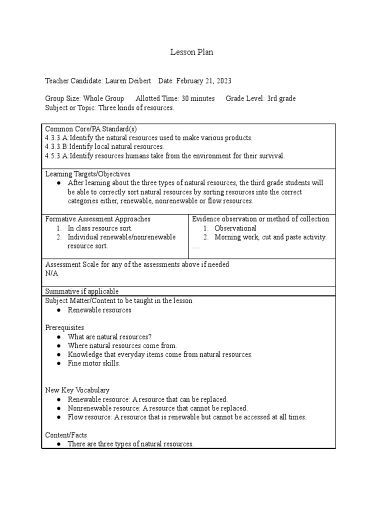 Grade 3 Lesson Plan: Natural Resources | PDF | Lesson Plan | Cognition