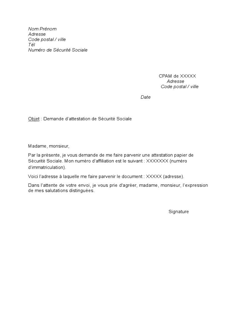 Modele Demande Attestation Droits Securite Sociale PDF | PDF