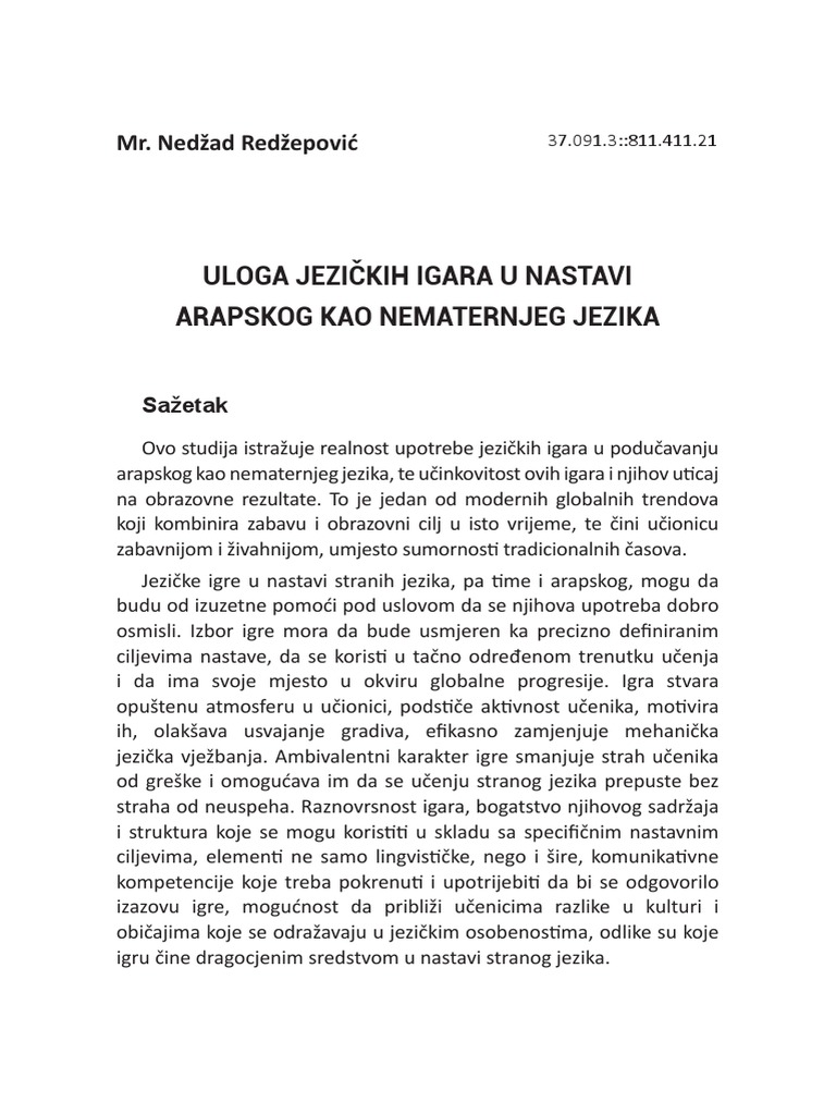 Mr. Nedžad Redžepović, Uloga Jezičkih Igara U Nastavi Arapskog Kao ...