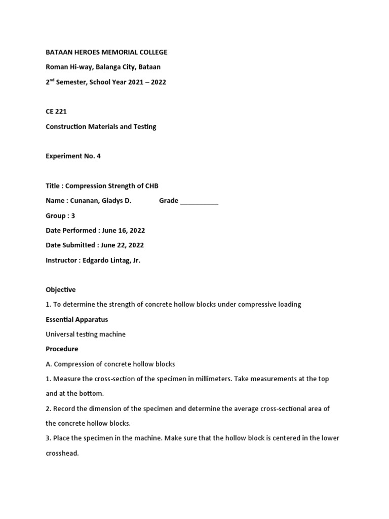 CHB Compression Strength Testing Report | PDF | Technology & Engineering