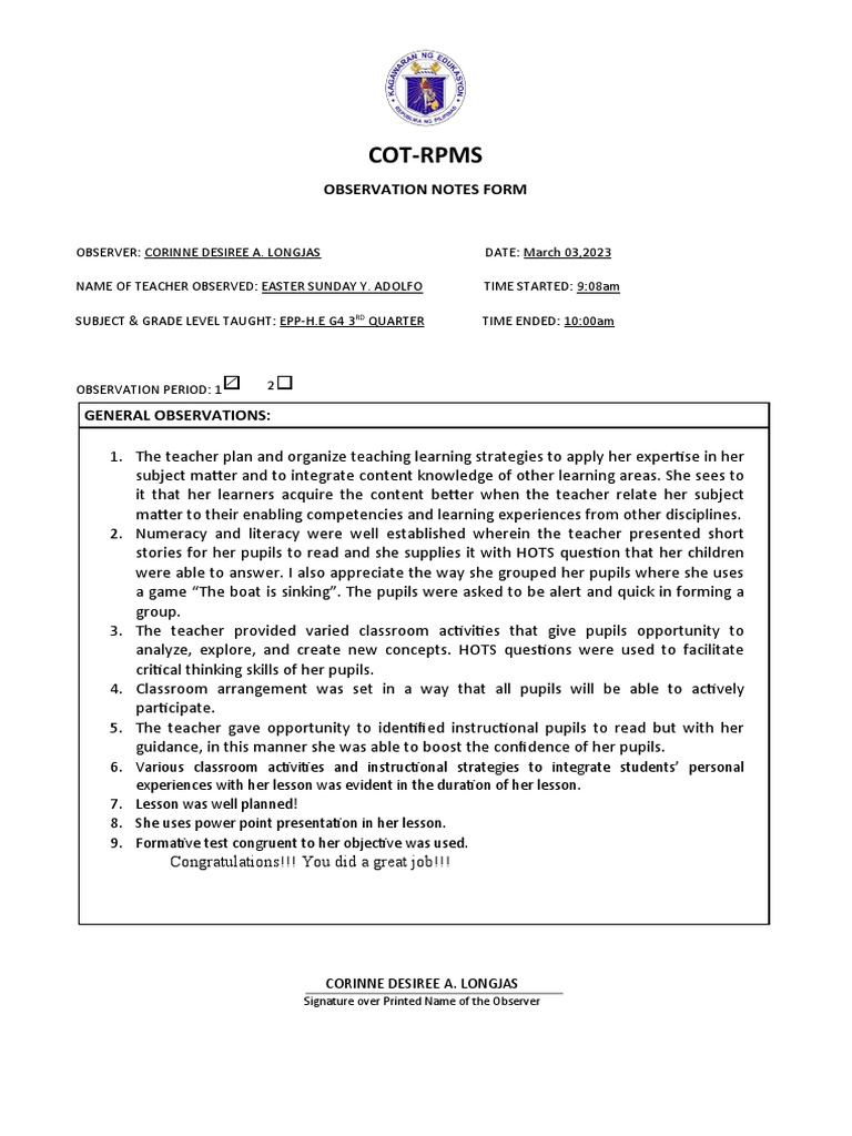 COT-RPMS Classroom Observation Notes | PDF | Teachers | Learning