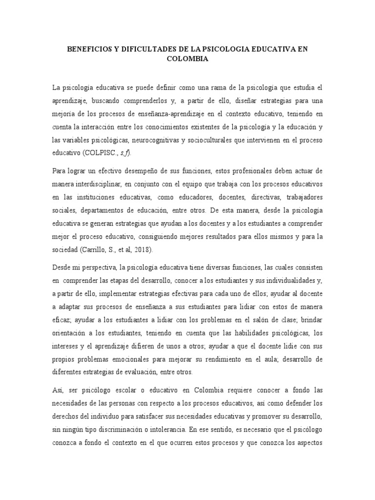 Beneficios y Dificultades de La Psicologia Educativa en Colombia | PDF ...