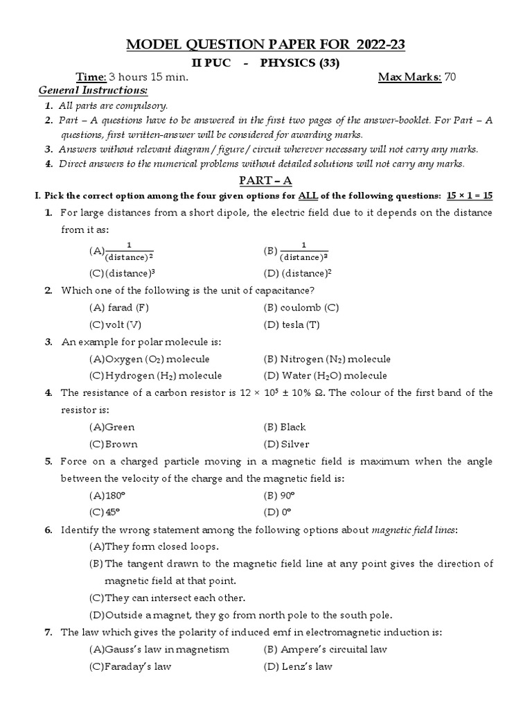 Karnataka 2nd Puc MQP 2023 Physics PDF | PDF | Electromagnetic ...