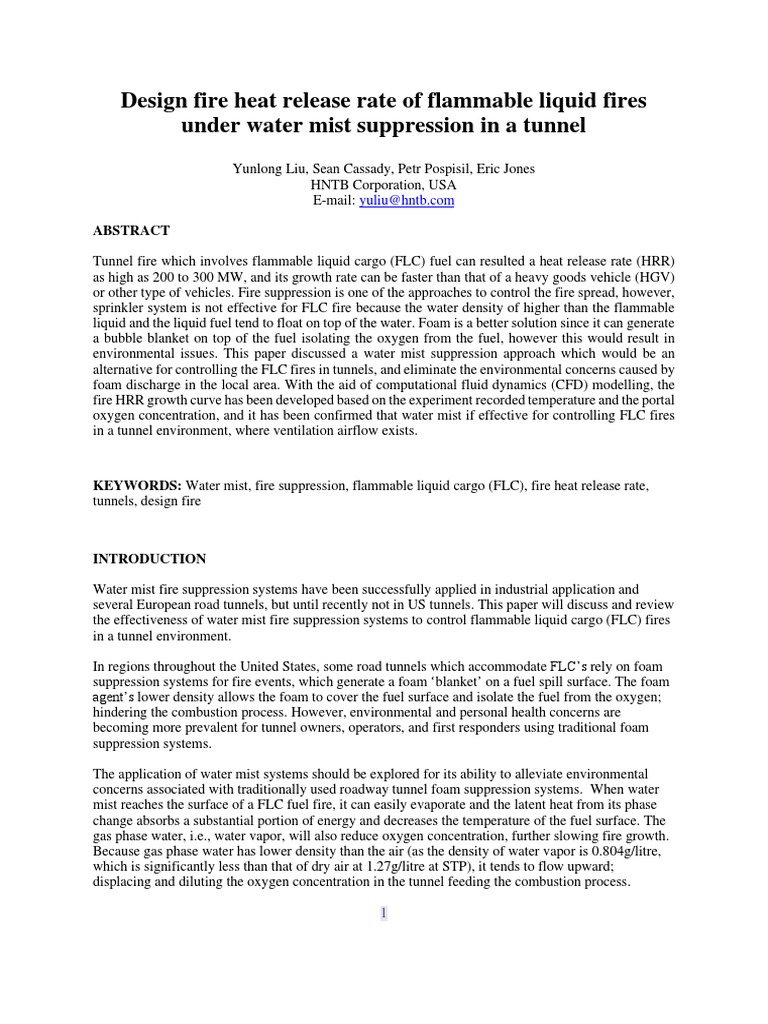 Tunnel Design Fire HRR of Flammable Liquid Fires Under Water Mist ...