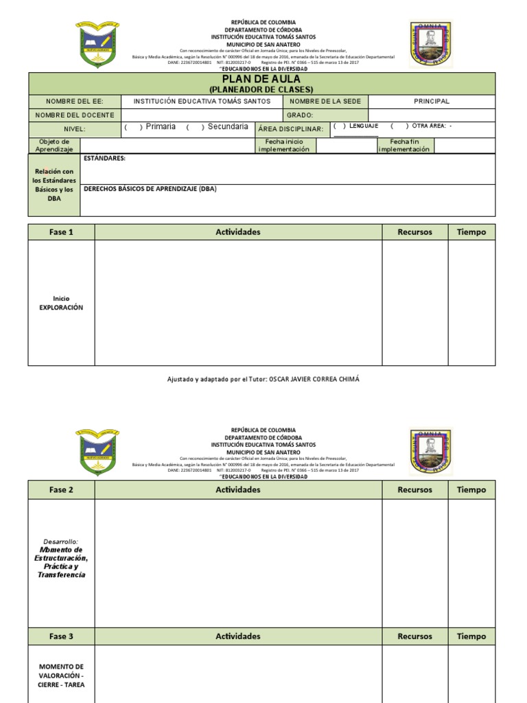 Formato de Plan de Aula para Primaria | PDF | Educación de la primera ...
