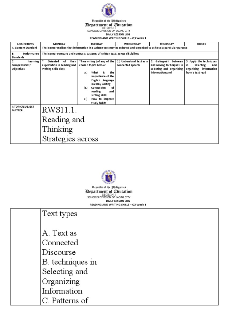 Reading and Writing Skills Daily Lesson Log Techniques for Selecting and Organizing Information
