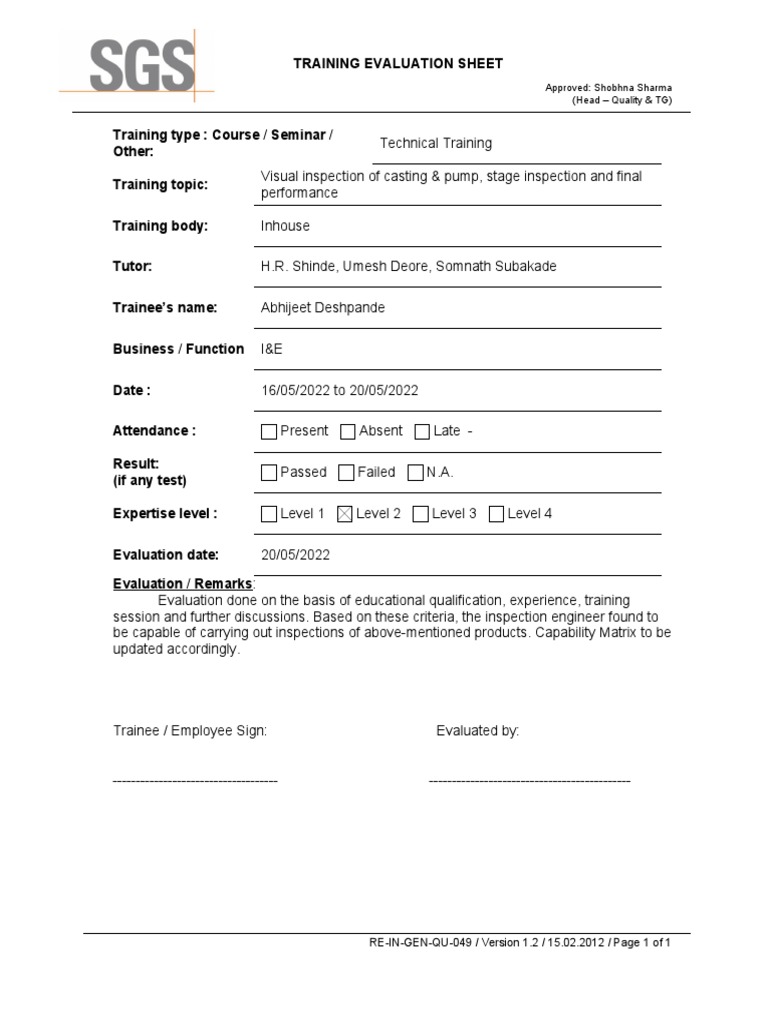 Training Evaluation for Visual Inspection | PDF