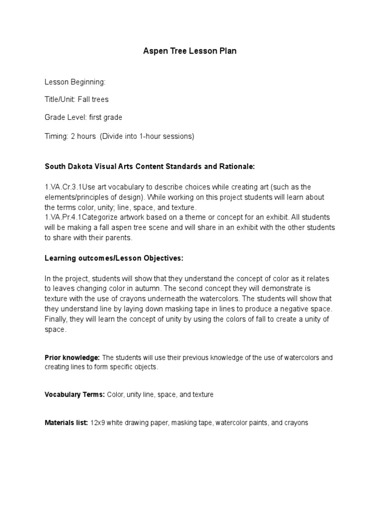 First Grade Aspen Tree Art Lesson Plan | PDF | Learning | Cognition