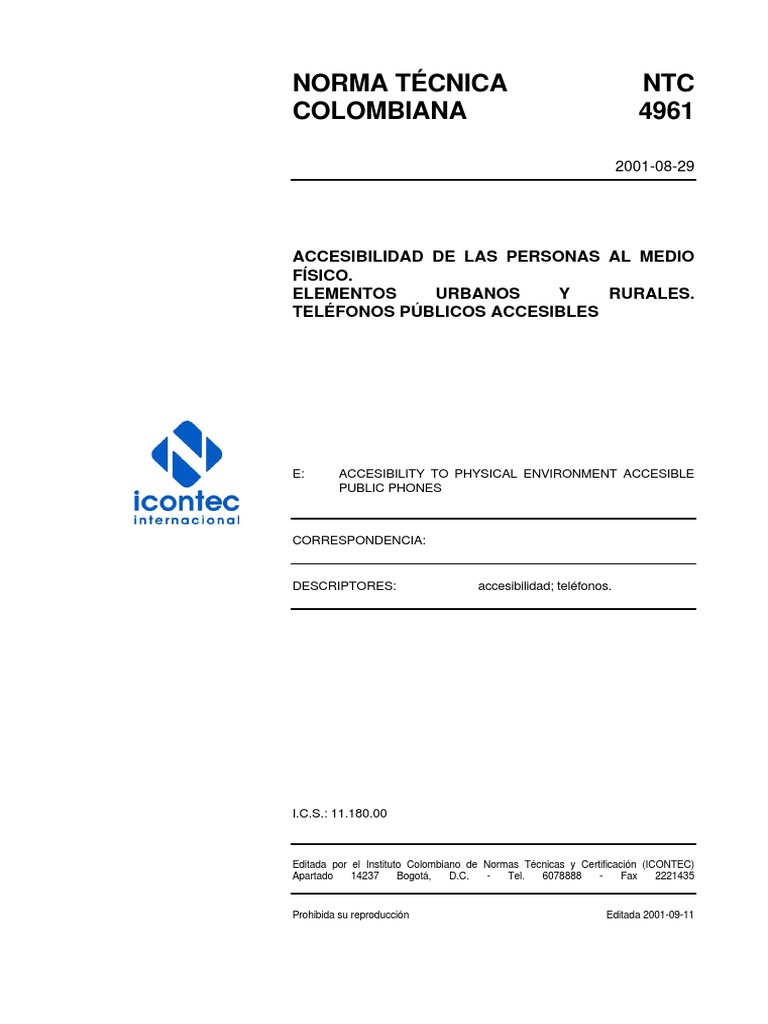 NTC 4961: Accesibilidad en Teléfonos Públicos | PDF