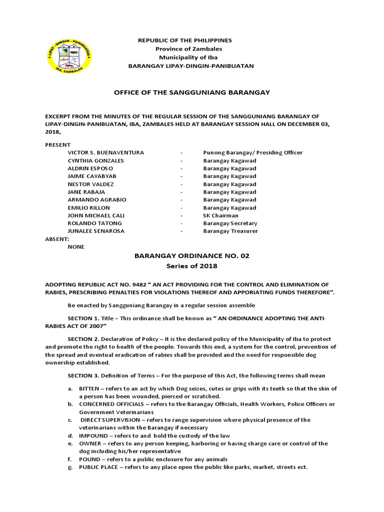 Iba Zambales Anti-Rabies Ordinance | PDF | Rabies | Animals And Humans