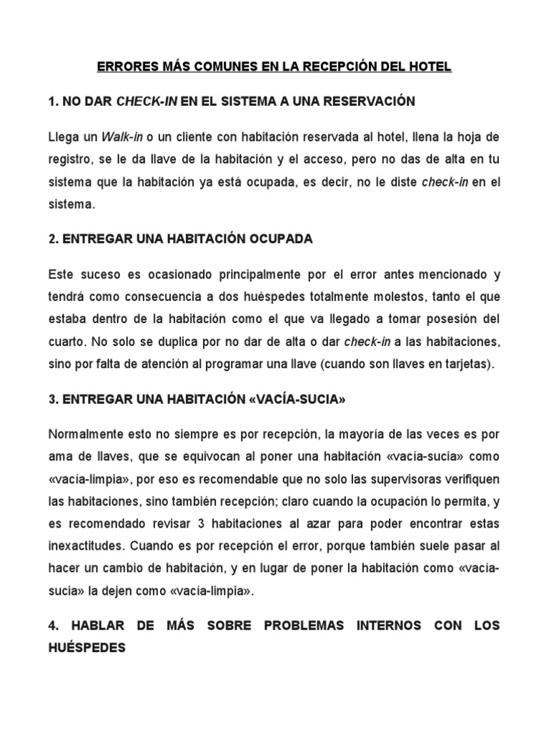 Errores Comunes en Recepción Hotelera | PDF | Hotel