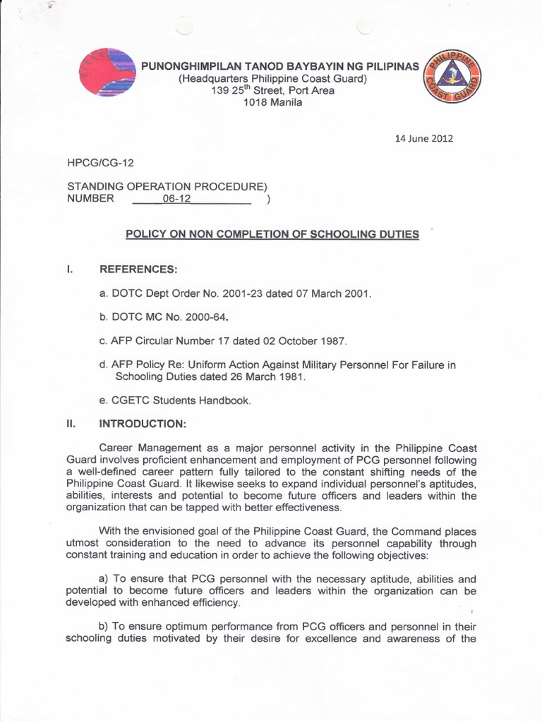 SOP NR 06-12 Policy On Non Completion of Schooling Duties | PDF ...