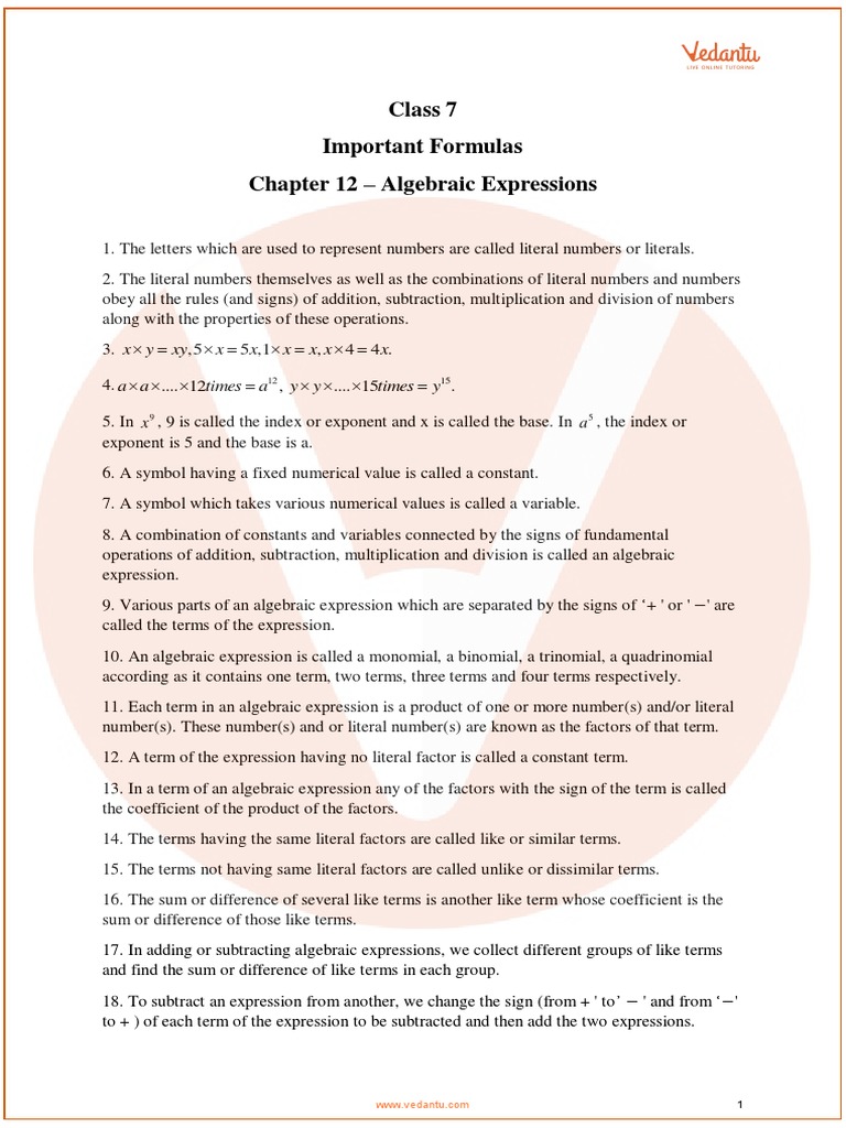 Class 7 Maths Formula Chapter 12 Pdf Numbers Multiplication