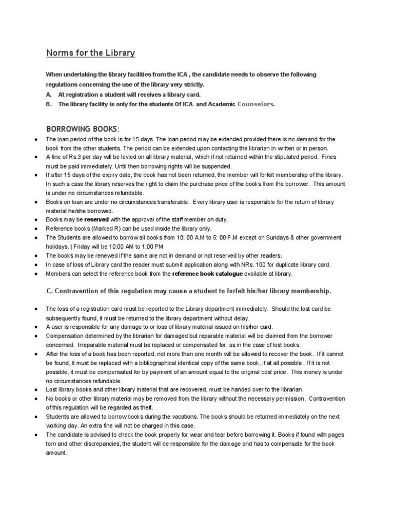 Norms For The Library Borrowing Books PDF Libraries Librarian
