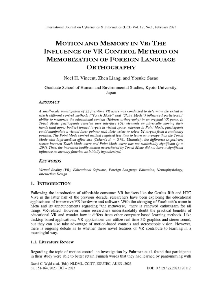 Motion and memory in vr the influence of vr control method on