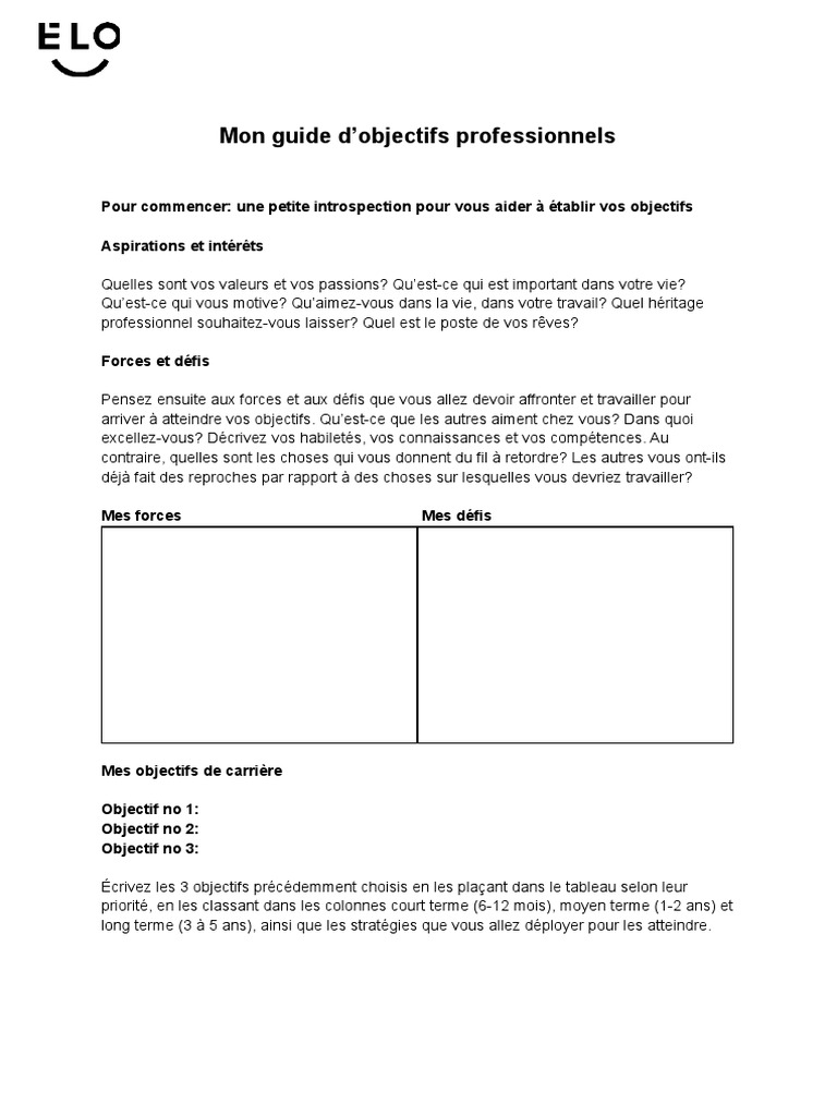 Guide pour définir vos objectifs professionnels | PDF | Développement ...