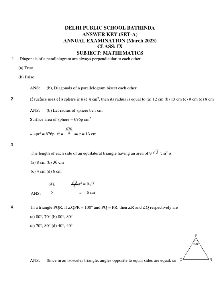 Class 9 Maths Exam Answer Key 2023 | PDF | Area | Triangle