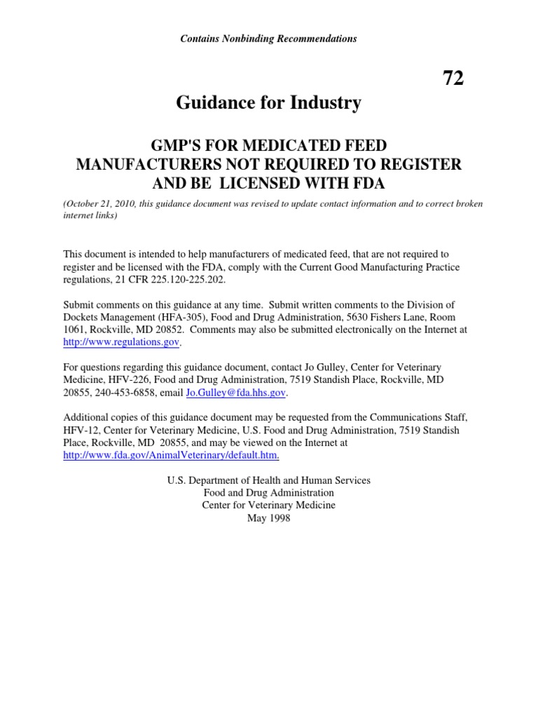 CVM GFI 72 GMP's For Medicated Feed Manufacturers Not Required To