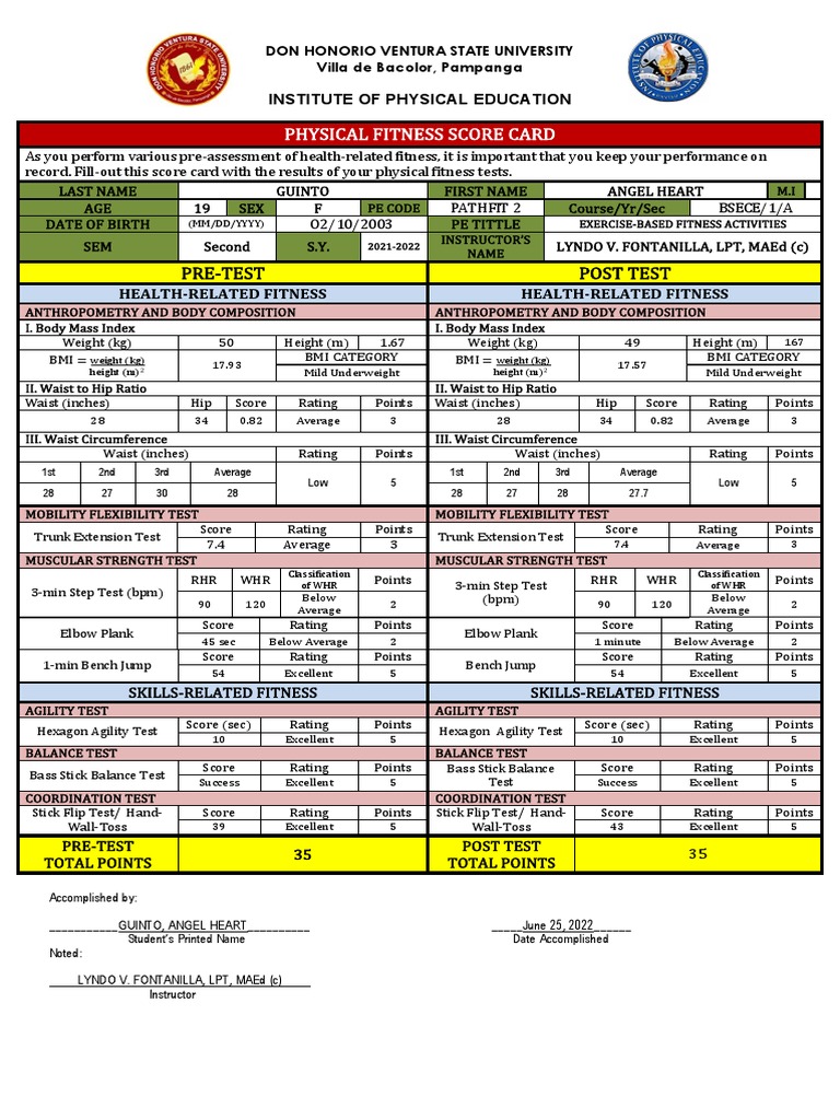 Physical Fitness Test Score Card | PDF | Body Mass Index | Waist