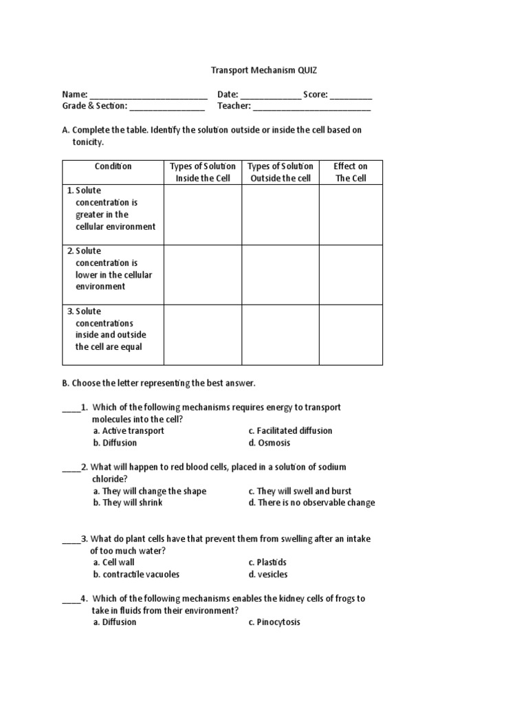 Cell Transport Mechanism Quiz | PDF | Osmosis | Anatomy