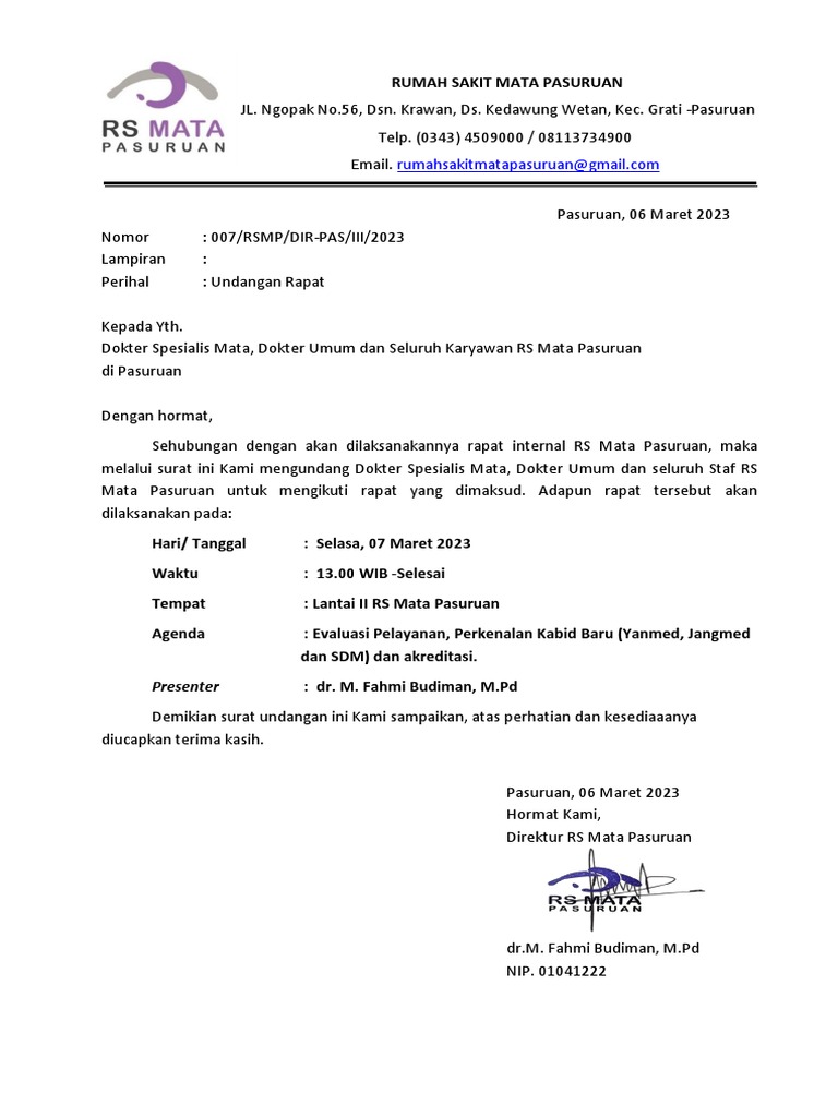 06Maret2023.Undangan Rapat Internal RSMP | PDF