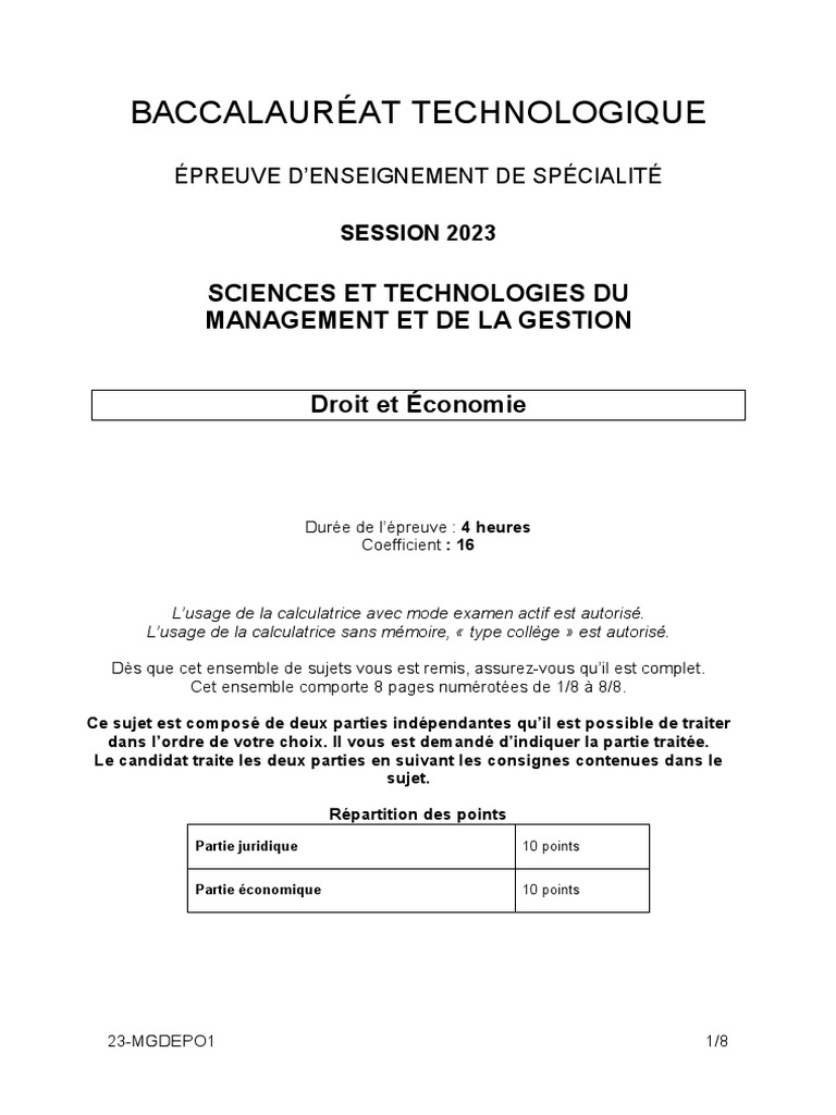Sujet Eco Droit Stmg 2021 + Corrige Bac 2023 Polynesie STMG Droit Economie | PDF | Chômage | Capital humain