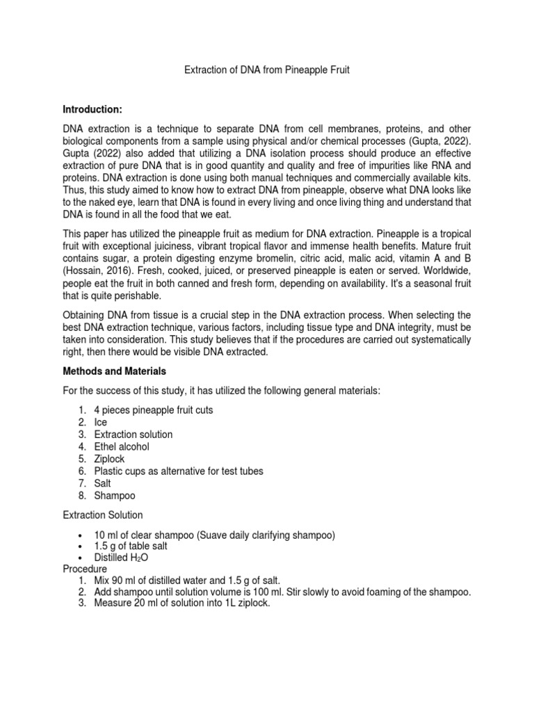 Mahinay - IMRAD DNA Extraction From Pineapple | PDF | Dna | Cell (Biology)