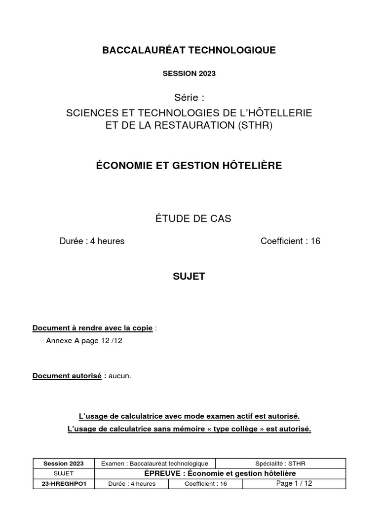 Bac STHR 2023 : Économie Hôtelière | PDF | Dépréciation | Heures ...