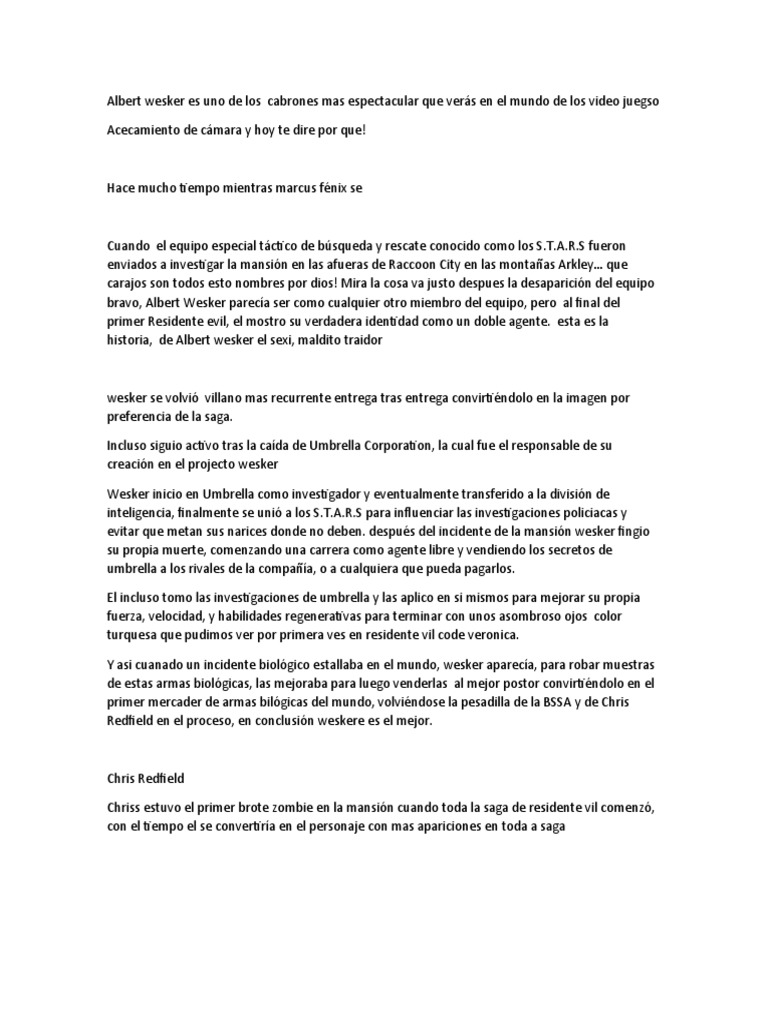 Albert Wesker Es Uno de Los Cabrones Mas Espectacular Que Verás en El