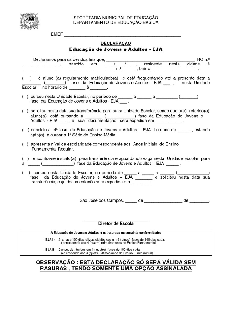 Declaração de Aluno EJA II | PDF