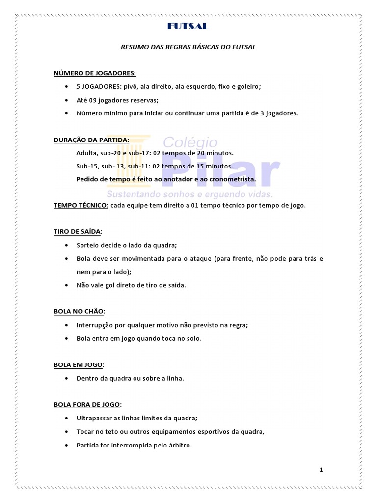 Regras Básicas do Futsal Resumidas | PDF | Esportes atléticos | Jogos ...