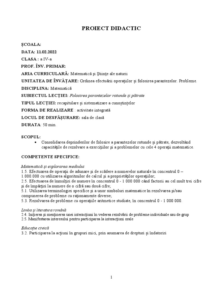 2.proiect Didactic Matematica | PDF