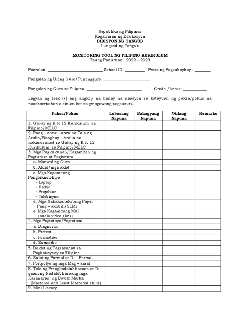 Monitoring Tool NG Filipino Kurikulum PDF