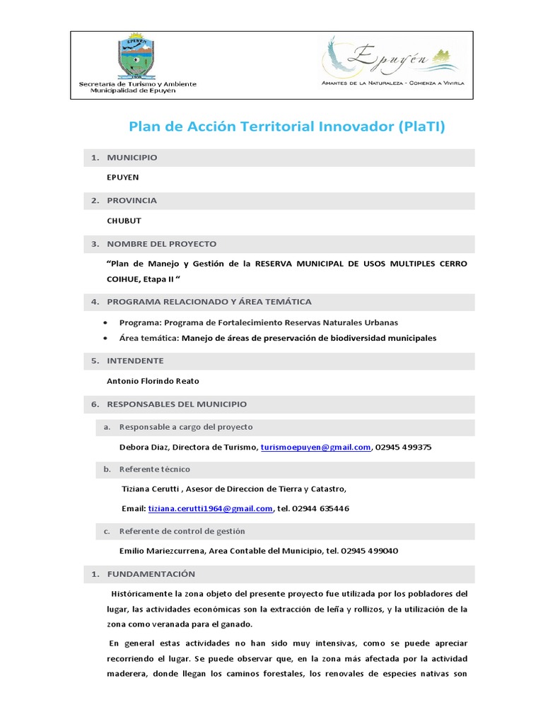 Epuyen Proyecto Reserva Cerro Coihue PDF Sustentabilidad Turismo