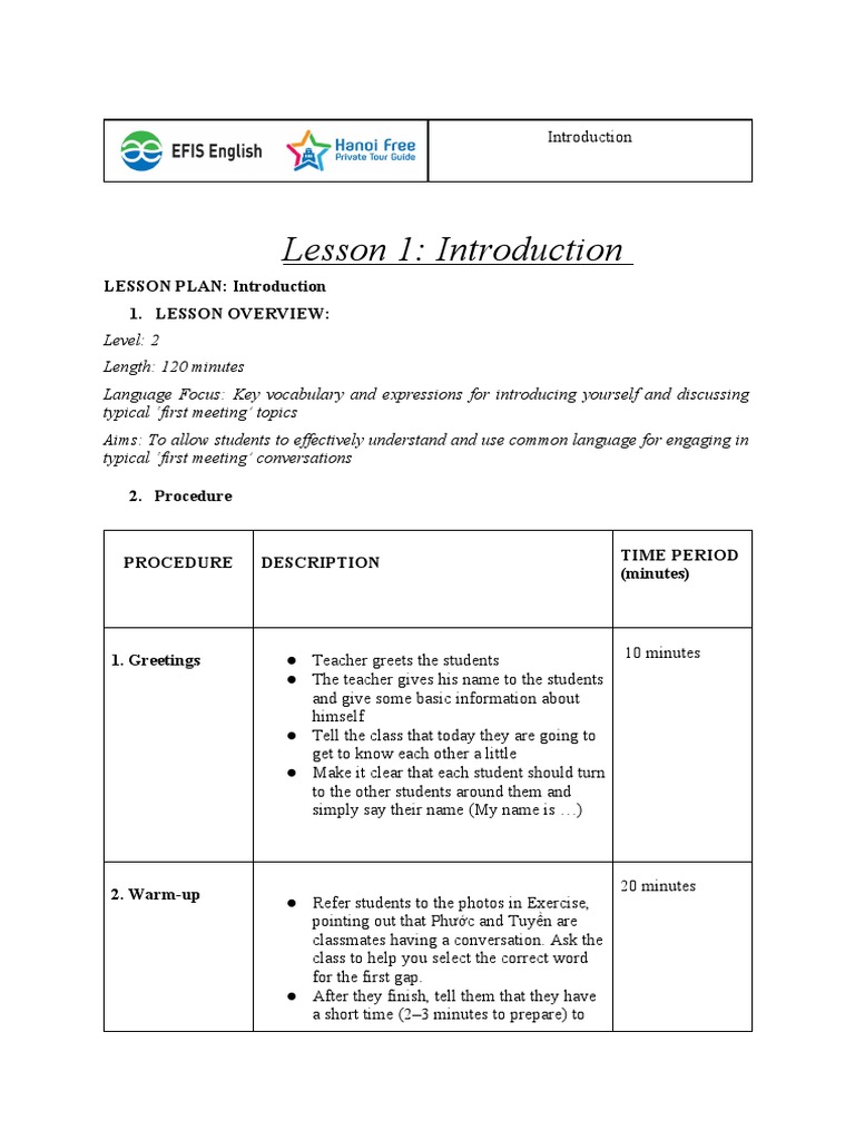 Lesson Plan 1 - Introduction | PDF | Lesson Plan | Cognitive Psychology