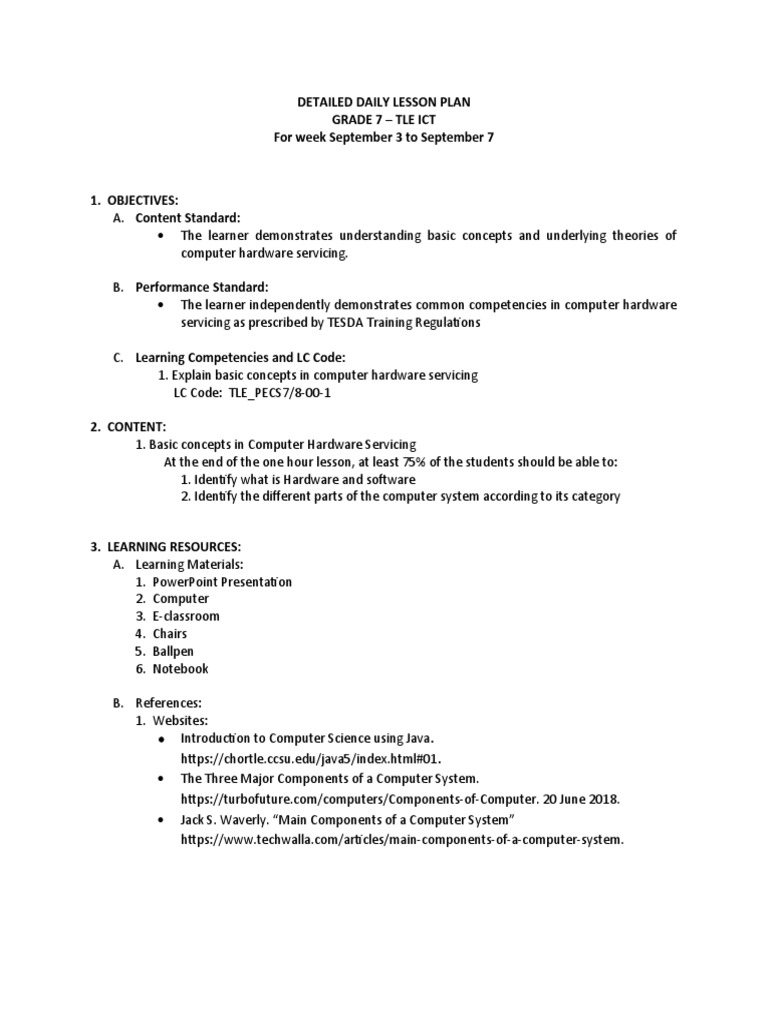 Grade 7 TLE ICT Lesson Plan | PDF | Input/Output | Computer Hardware