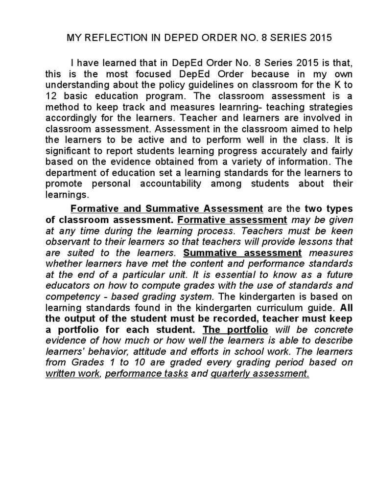 Reflection in DepEd Order No. 8 S. 2015 | PDF