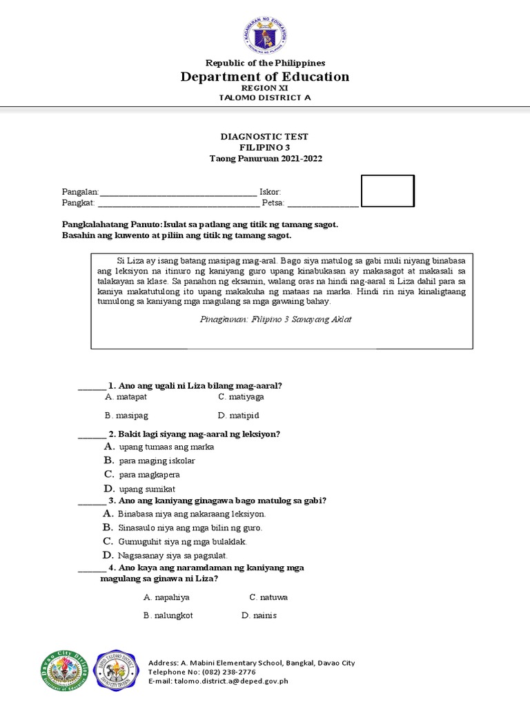 Filipino 3 diagnostic test pdf